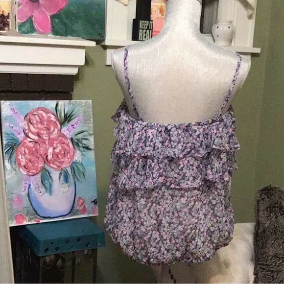 INC Silk Removable Strap Ruffle Tank Floral Top Size 6 Blue Pink Purple White - Picture 2 of 10